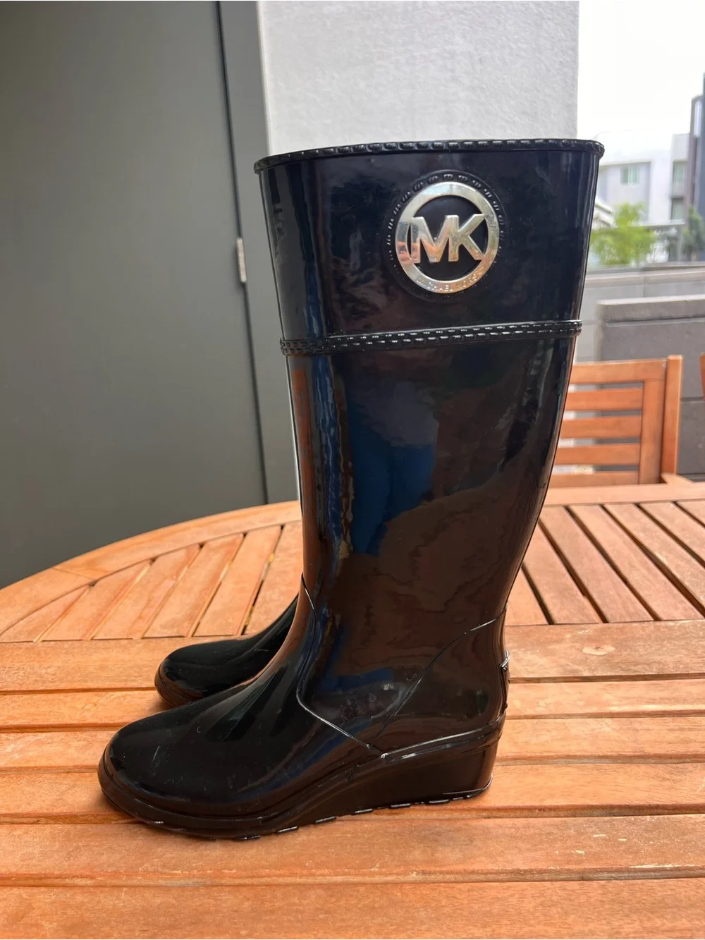 Michael Kors Black Patent Rain Boots with MK Logo